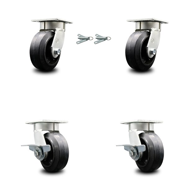 5 Inch Kingpinless Rubber on Steel Wheel Caster Swivel Locks 2 Brakes SCC, 2PK